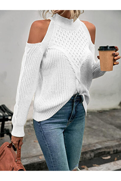 TRQOM Pulover de damă cu gât țesut, fără umăr, din tricot de păr Thessaloniki