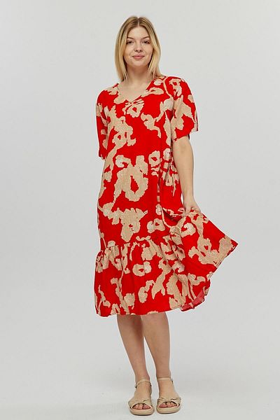 Ebsumu Women's Plus Size V-neck Skirt Pleated Printed Woven Red Dress