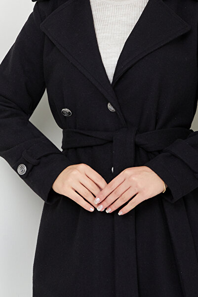 ModaMerve Чорний кашеміровий пальто з круазевим коміром - 16121BSK984-M