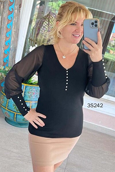 İnce Topuk Chiffon Pearl Knitwear BlouSe - SleeveS 3S242