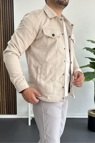 Edwox Ανδρικό Slim Fit Pocketed Nubuck Jacket Cream Edw081