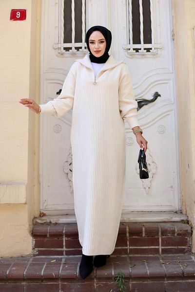 Cardella Κοτλέ Πλεκτό Φόρεμα - Φόρεμα Hijab με γιακά με φερμουάρ