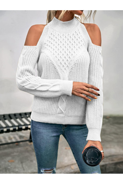 TRQOM Pulover de damă cu gât țesut, fără umăr, din tricot de păr Thessaloniki