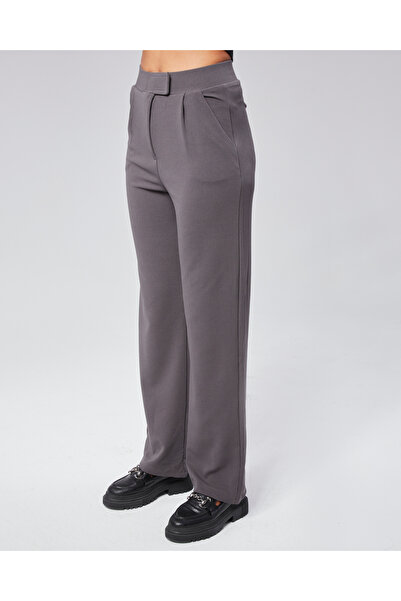 NEVEGE BUTİK Anthracite Colored Women's Palazzo Trousers - Knitted Fabric, Lycra and Velcro Waist