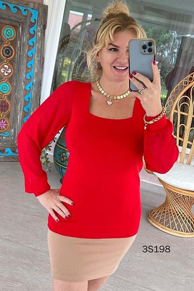 İnce Topuk Tulle Sleeve Square Neck Knitwear Blouse - 3s198