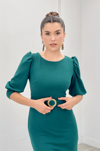 giyimmasalı Krep Kumaş Kolları Balon Detaylı Kalem Elbise - ZÜMRÜT YEŞİL