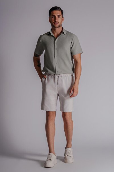 BRACCAS Erkek Yandan Cepli Beli Lastikli Keten Dokulu Relaxed Fit Jogger Şort Taş