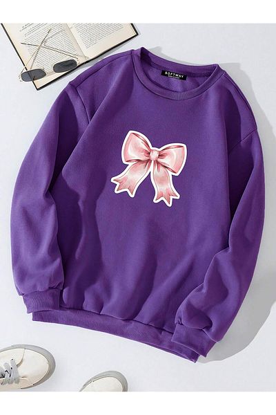 SOFTWAY Unisex Oversize Powder Pink Ribbon Basic φούτερ με στάμπα – Μωβ