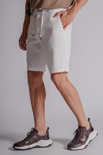 BRACCAS Men's Linen Look Relaxed Fit Chino Shorts - With Side Pockets and Elastic Waist, Ecru
