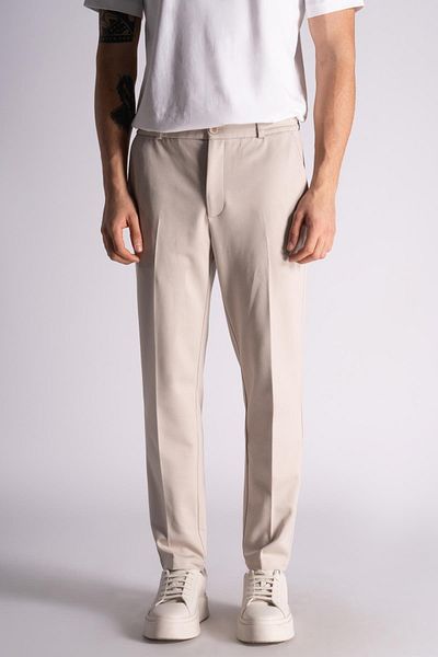 BRACCAS Slim Fit Chino Crop Trousers with Half Elastic Waist Light Beige