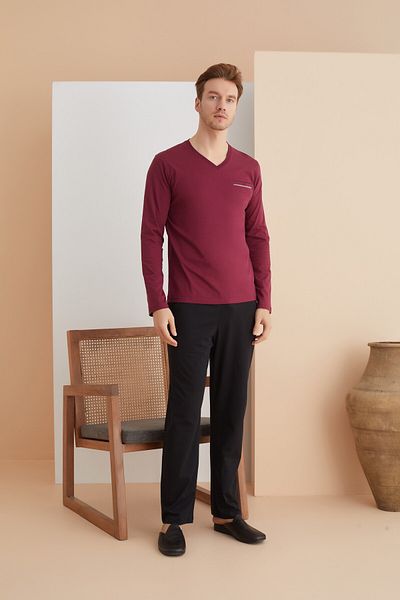 elitepoint 1626 Elitepoint Men's Plus Size Long Sleeve V-Neck Pajama Set-Cherry