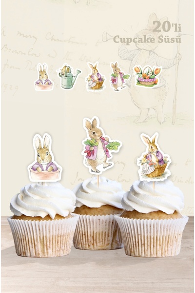 neşeli günlerim Pink Rabbit Pembe Tavşan Temalı Cupcake Kürdan Süsü 20'li