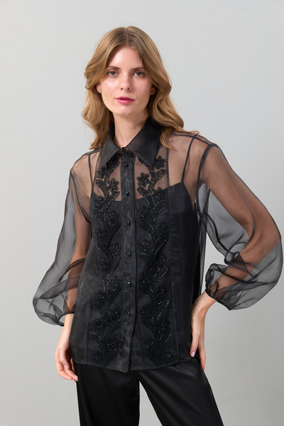 Roman Boncuk İşlemeli Balon Kol Organze Gömlek Siyah K2513537_001