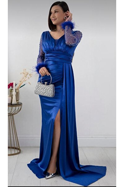GÜZELLER Satin Plus Size Slit Sleeve Jewelled Feather Detailed Promise Engage...