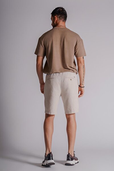 BRACCAS Μπεζ ανδρικό σορτς Chino - Πλαϊνές τσέπες και ελαστική μέση, λινό μείγμα, χαλαρή εφαρμογή