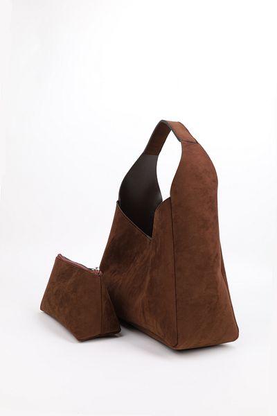 NOTHING Geantă de machiaj din piele intoarsa maro pentru femei Geanta de mana si umar cu compartiment interior mare E:33 L:15 L:10 cm