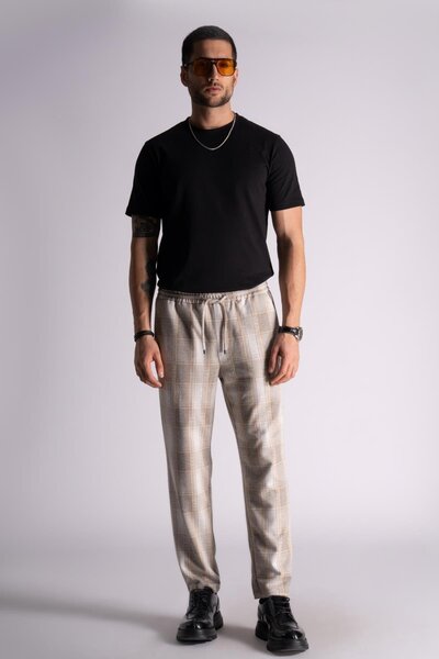 BRACCAS Slim Fit Jogger Bel Pantolon Ekose Bej