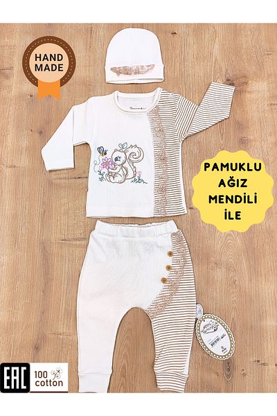 Tomuycuk 100% Cotton Baby Girl/Child 3-Piece Set - Squirrel Embroidered & Hat Set