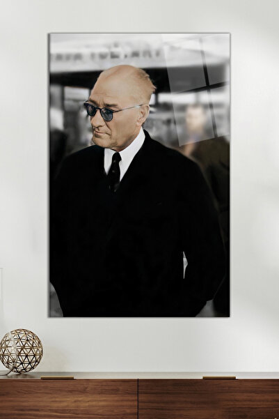 Vosevu Gözlüklü Mustafa Kemal Atatürk Cam Tablo, Ev Ofis Dekoru, Hediyelik Du...