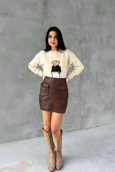 Seda Yalçın Atelier Brown Double Pocket Lined Leather Skirt
