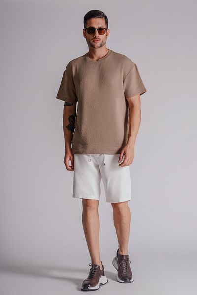 BRACCAS Men's Linen Look Relaxed Fit Chino Shorts - With Side Pockets and Elastic Waist, Ecru