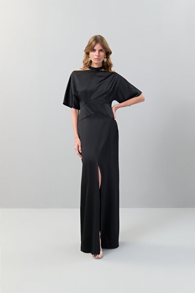 Roman Off Sholder Yarasa Kol Yırtmaçlı Maksi Boy Elbise Siyah K2511333_001