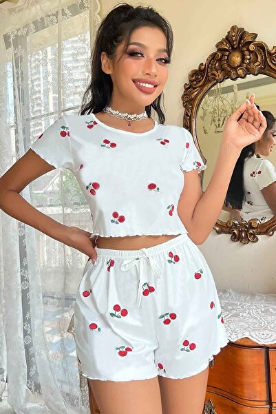 Merry See Örme Yumuşak Kısa Kol Kiraz Basklı Sortlu Pijama Takımı