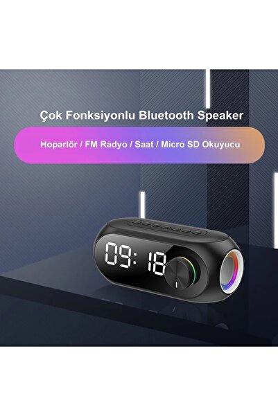 HyMark Bluetooth S8 RGB Led Işıklı Dijital Saat Alarm Şarjlı Hoparlör MP3 Fm Çok Fonksiyonlu Speaker