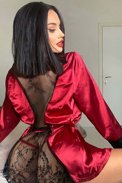 Merry See Satin-Morgenmantel-Nachthemd-Set mit tiefem Rücken und Spitze