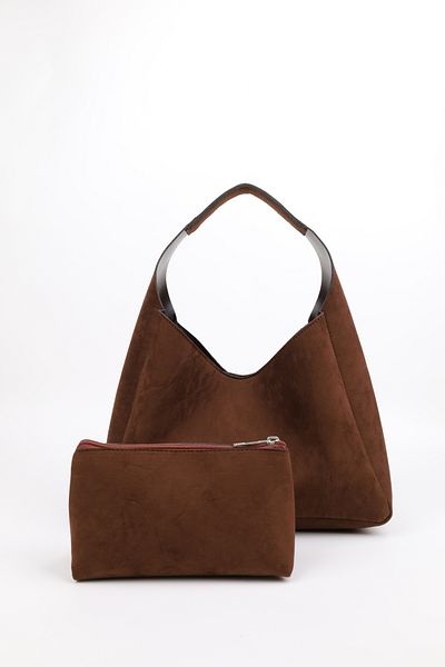NOTHING Geantă de machiaj din piele intoarsa maro pentru femei Geanta de mana si umar cu compartiment interior mare E:33 L:15 L:10 cm