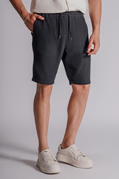 BRACCAS Erkek Yandan Cepli Beli Lastikli Dokulu Kumaş Relaxed Fit Jogger Şort Siyah