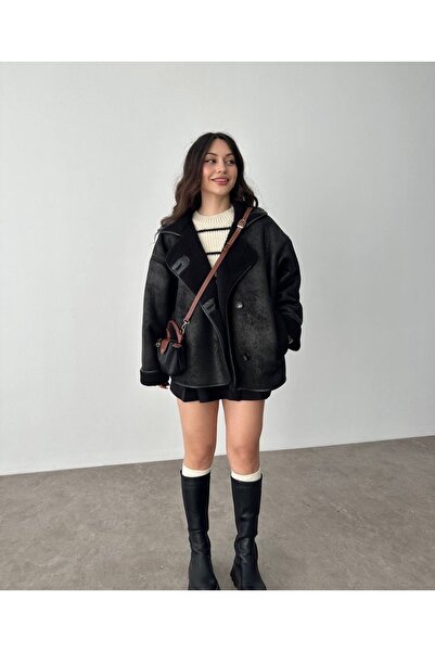 Ekim Store Plyšový laminovaný kabát Shepherd's Buttoned