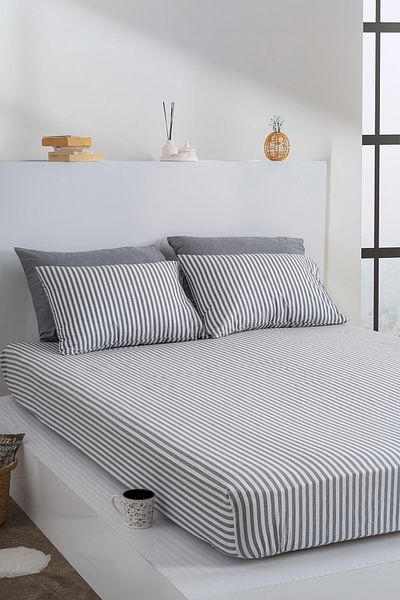 KetraHome طقم ملاءة مطاطية مخططة زيبرا مقاس كينج قطن 180 × 200 سم + 2 كيس وسادة
