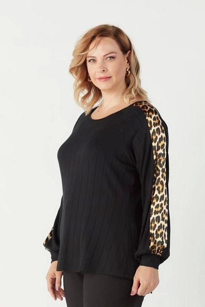 Moda Berray 1953 Black Long Sleeve Brown Leopard Print Large Size Knitwear Blouse