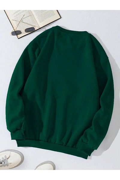 SOFTWAY Unisex Oversize Crew Neck Basic Are You Ok Honey εμπριμέ φούτερ - Σκούρο πράσινο