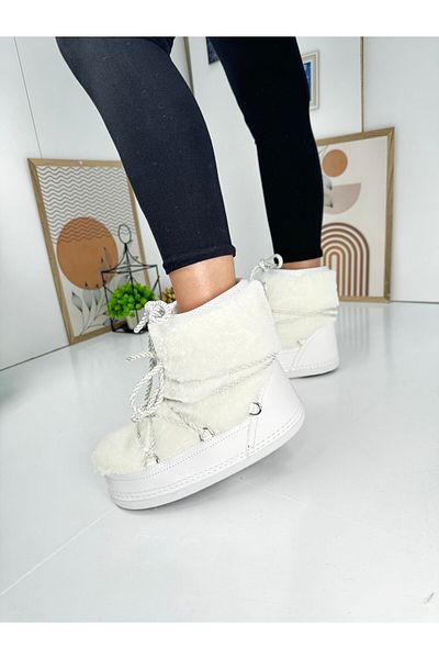 İmerShoes Λευκές γυναικείες μπότες χιονιού - γούνινο, κορδόνι, άνετη επένδυση, χοντρή σόλα 327