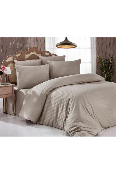 Komfort Home طقم غطاء لحاف من الساتان القطني المخطط المزدوج (بني حليبي)