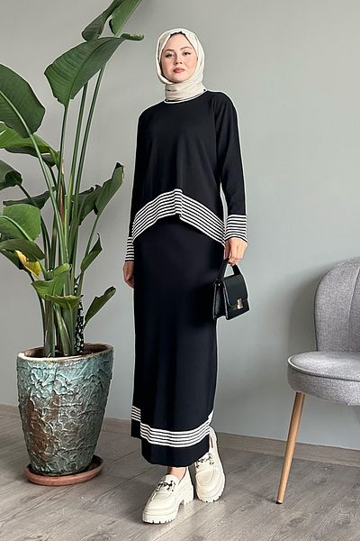 InStyle Black Suit with Piping Stripe Skirt