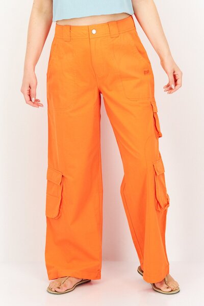 Misfit Women Regular Fit High Waist Solid Wide Leg Cargo Pants, Orange