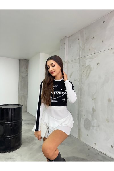 BİKELİFE Kadın Baskılı Ottoman Kumaş Crop Bluz