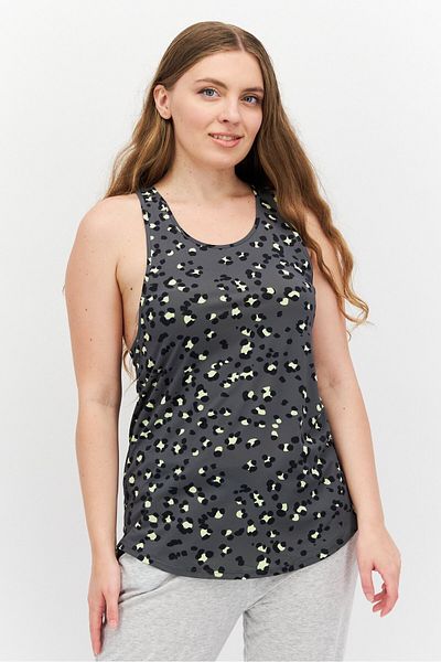 Etam Women Round Neck Sleeveless Allover Print Racer Back Tank Top, Olive Combo