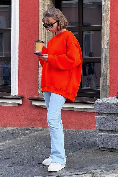 COMBİNE MİCHAİL Χειμερινό μαλακό φαρδύ φούτερ - Crew Neck, Raster, ΠΟΡΤΟΚΑΛΙ