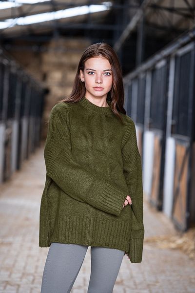 VerdeBlanco Khaki Color Oversize Thick Corded Balloon Sleeve Sweater