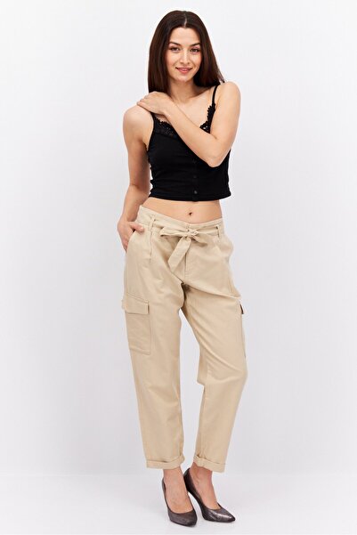Esprit Women Straight Leg Belted Solid Cargo Pants, Tan