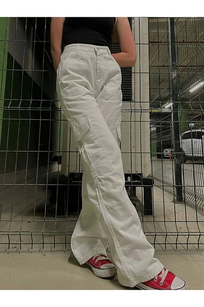 Gofeel Y2k White Cargo Wide Leg Summer Jean Unisex Trousers
