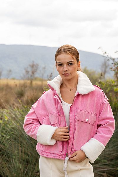 VerdeBlanco Pink Fur Plush Collar Denim Coat