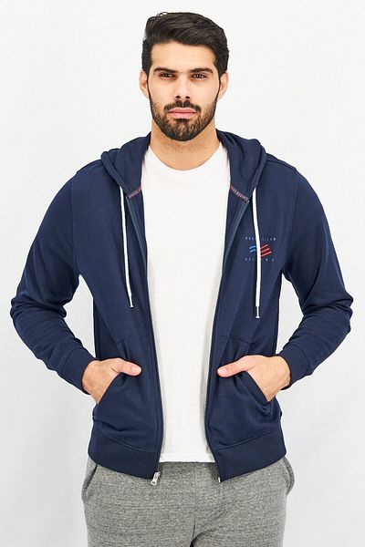 Perry Ellis سويت شيرت رجالي بغطاء رأس وشعار مطرز وأكمام طويلة، لون أزرق داكن
