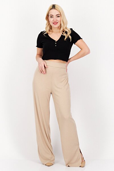 NA-KD Women Regular Fit High Rise Pull On Ribbed Pant, Beige