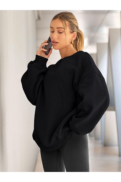 COMBİNE MİCHAİL Hanorac de damă oversize negru - Model de bază cu gât crew