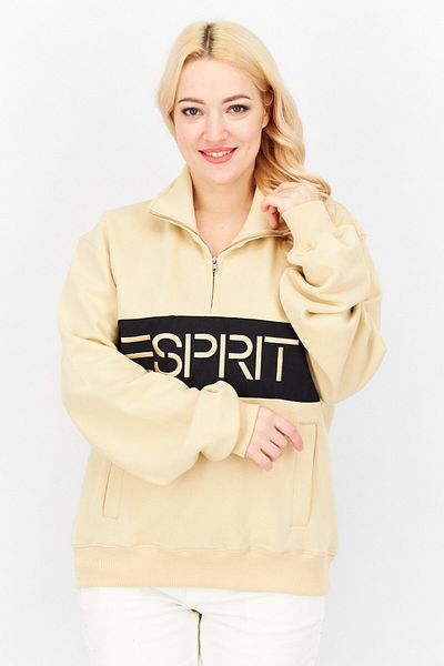 Esprit Women Stand Neck Embroidered Logo Sweatshirt, Beige